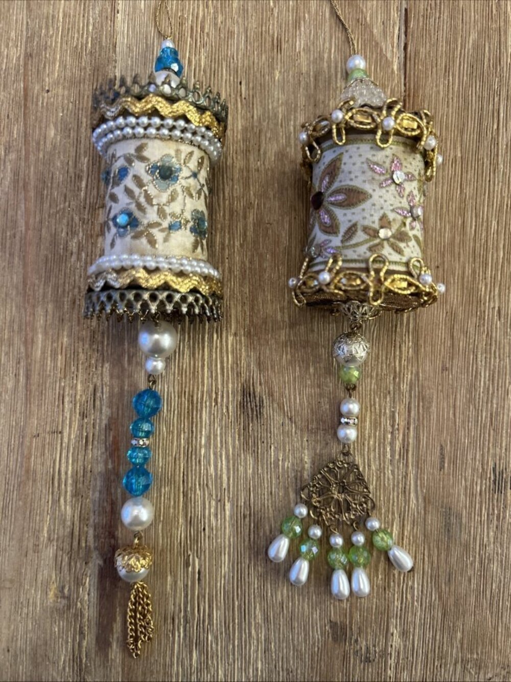 2- VTG MCM Spool Christmas Ornaments Beaded Pearl Gold Handmade Embellished